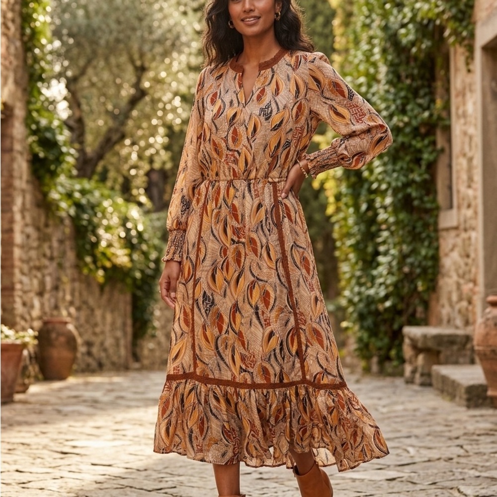 Women's Maxi Dress in Rust and Cream Leaf Print